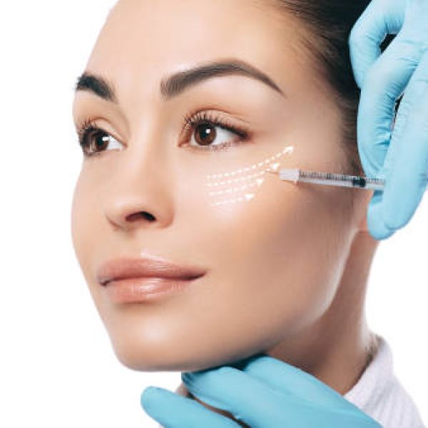 Advertising botulinum toxin injections in the face. Arrows show skin rejuvenation effect, macro