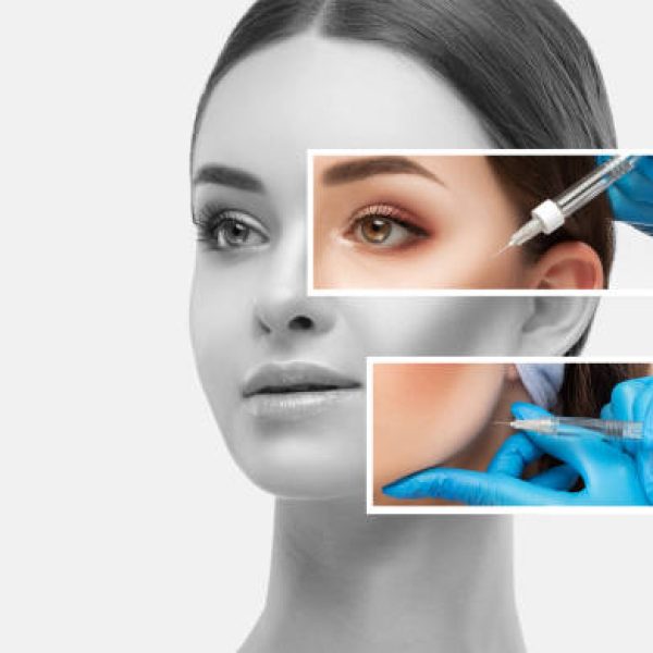 Cosmetologist does injections for lips augmentation and anti wrinkle in the nasolabial folds of a beautiful woman. Women's cosmetology in the beauty salon.