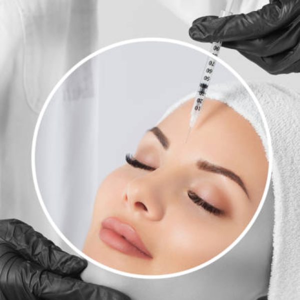 The cosmetologist makes the facial injections procedure for tightening and smoothing wrinkles on the face skin of a beautiful woman in a beauty salon.Cosmetology skin care.
