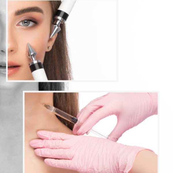 A doctor cosmetologist makes a microcurrent facial therapy to a young woman with a device in a beauty wellness salon. Cosmetology and professional skin care.