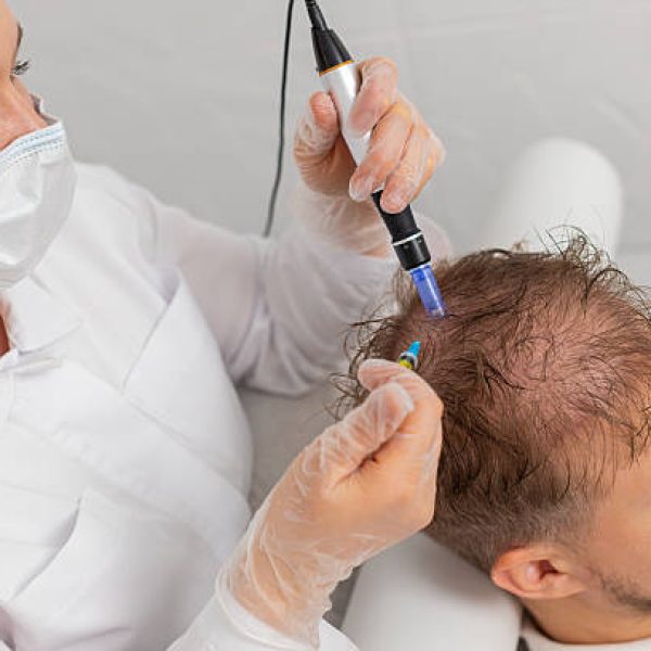 Alopecia. Man hair loss improve growth treatment regeneration, dermapen microneedling vitamin exosomes syringe injections. Trichologist cosmetologist doctor head scalp procedure fractional mesotherapy